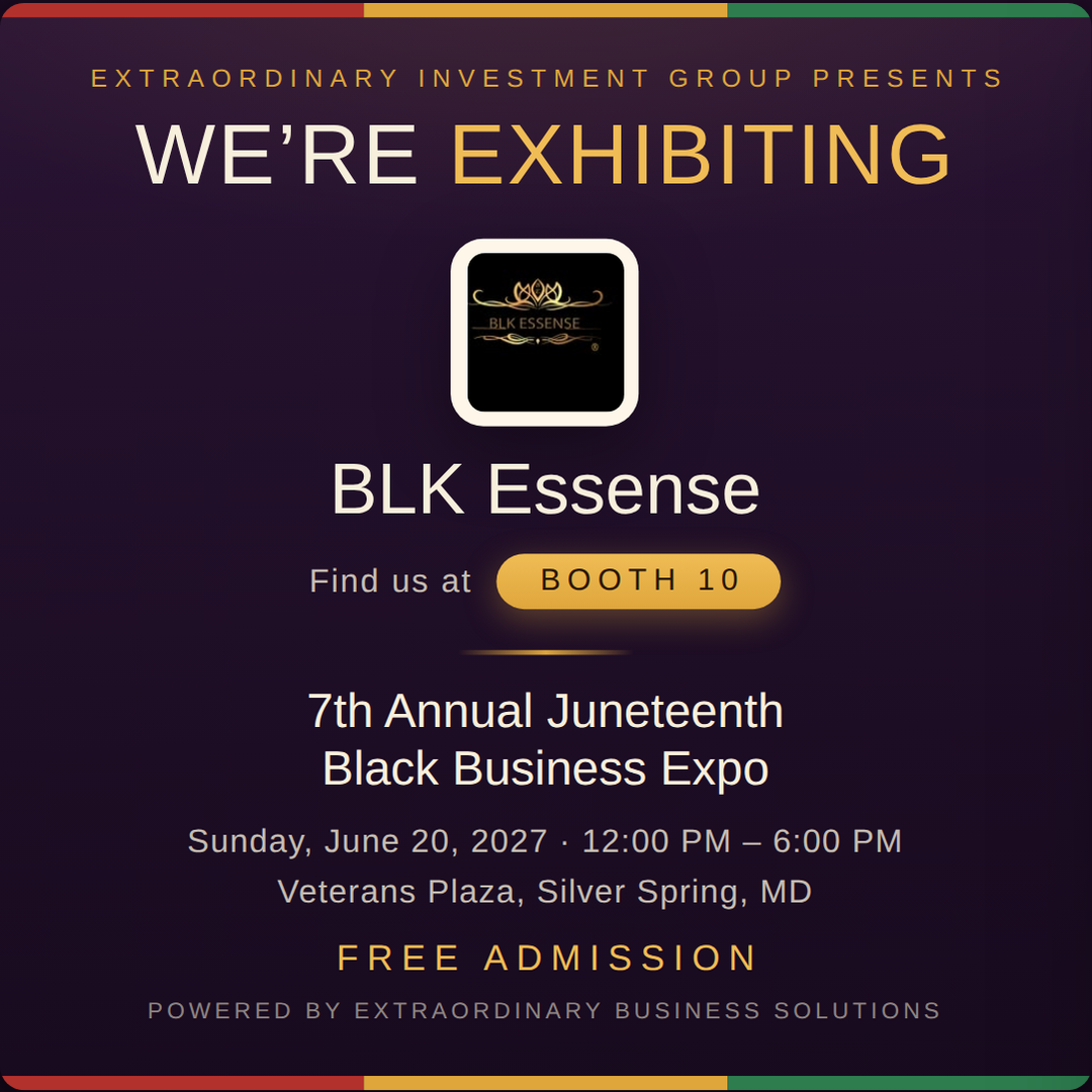 Square social post graphic announcing BLK Essense at Booth 10