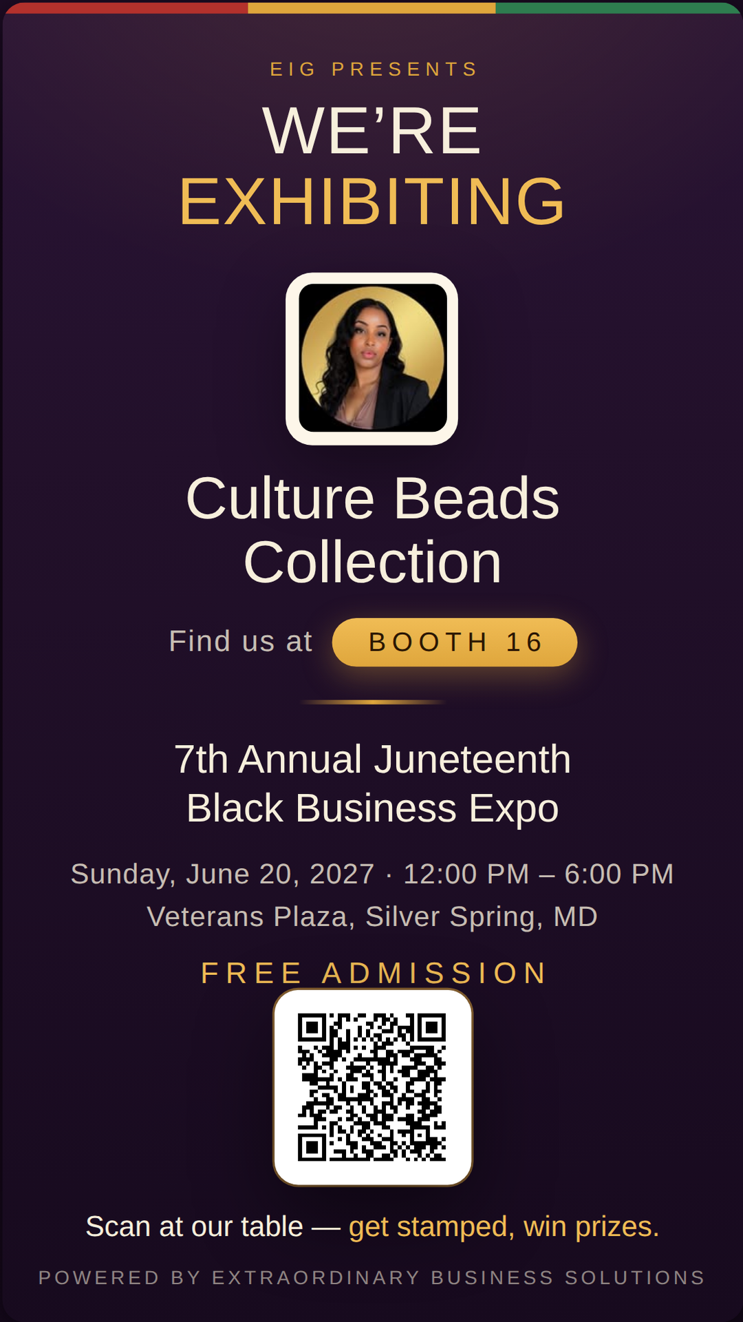 Vertical story graphic announcing Culture Beads Collection at Booth 16