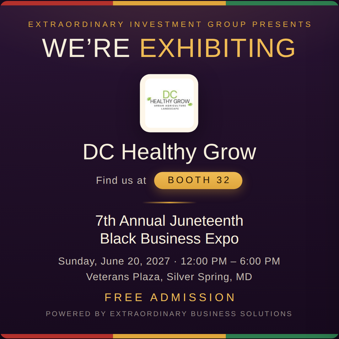 Square social post graphic announcing DC Healthy Grow at Booth 32