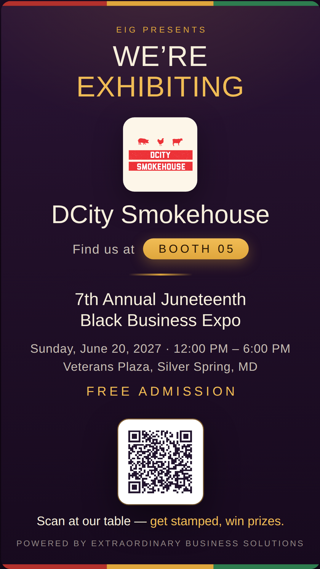 Vertical story graphic announcing DCity Smokehouse at Booth 05
