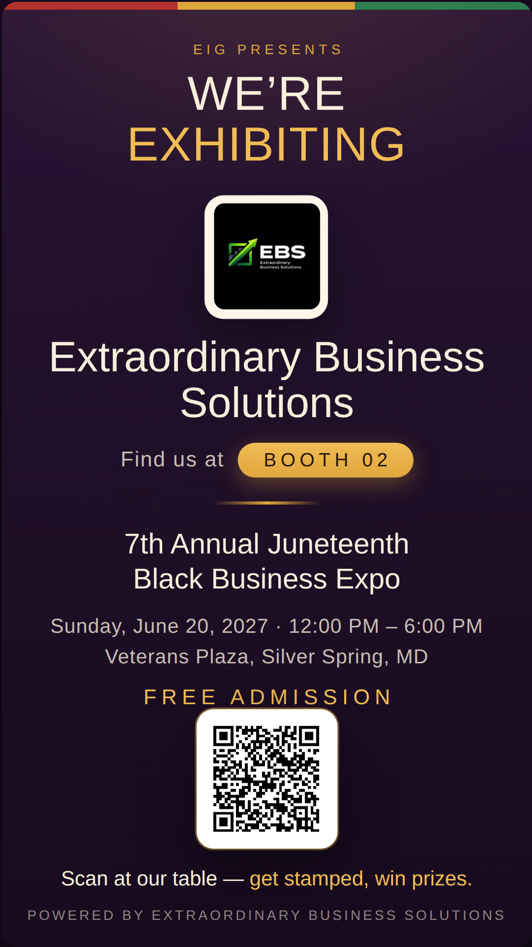 Vertical story graphic announcing Extraordinary Business Solutions at Booth 02