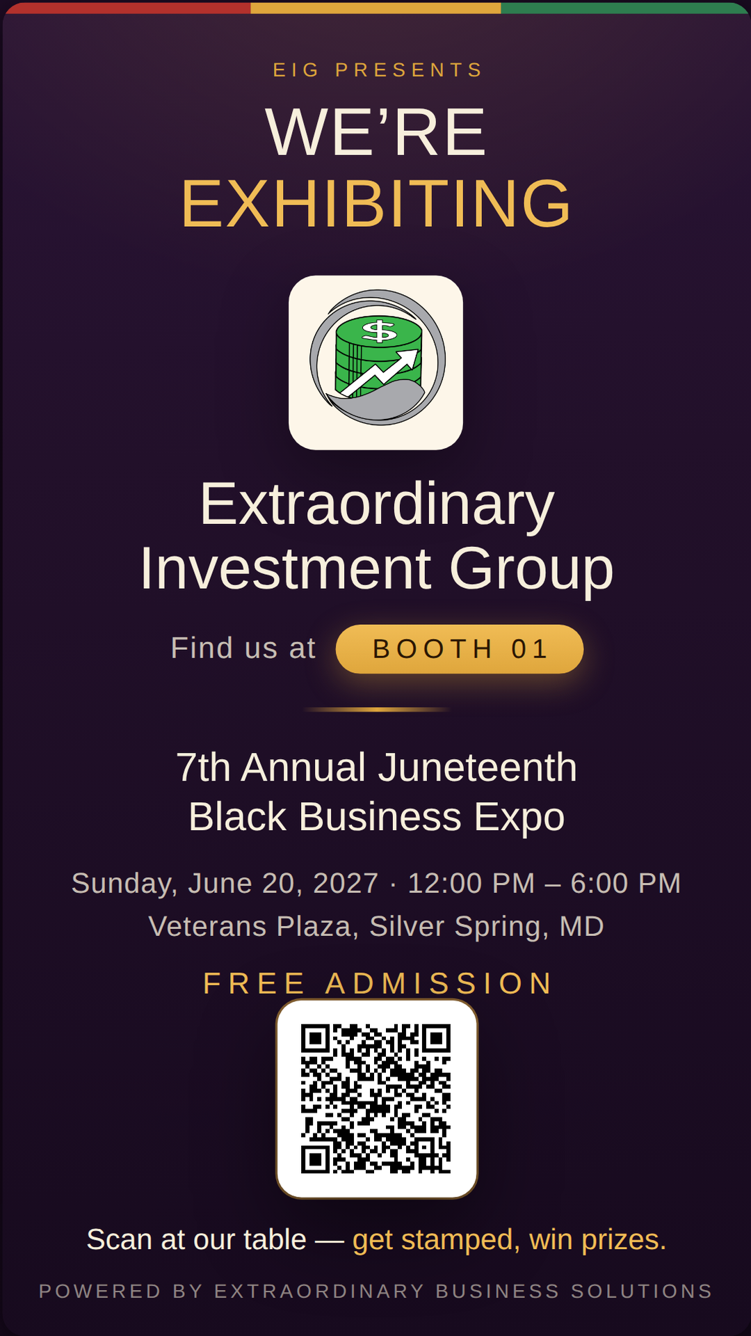 Vertical story graphic announcing Extraordinary Investment Group at Booth 01