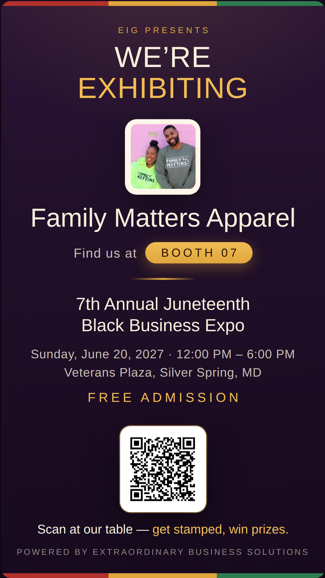 Vertical story graphic announcing Family Matters Apparel at Booth 07