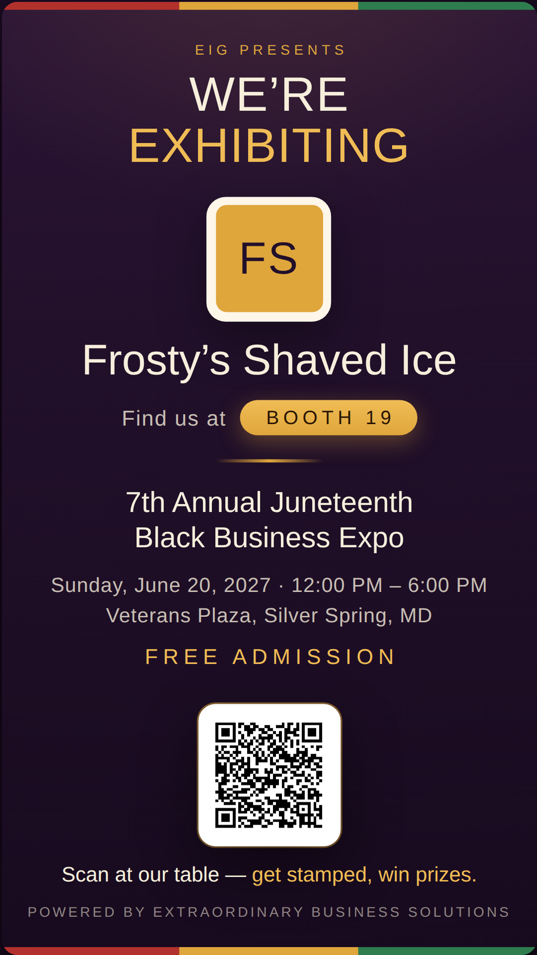 Vertical story graphic announcing Frosty&rsquo;s Shaved Ice at Booth 19