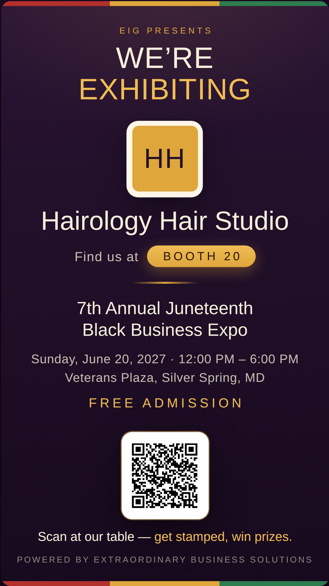 Vertical story graphic announcing Hairology Hair Studio at Booth 20