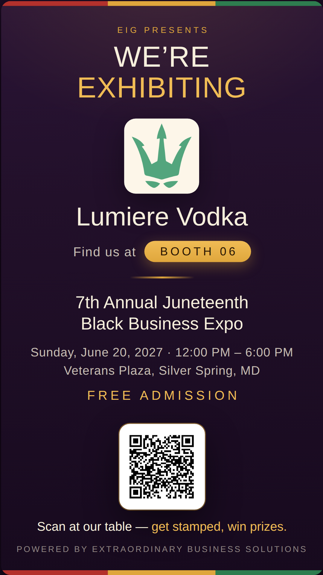 Vertical story graphic announcing Lumiere Vodka at Booth 06