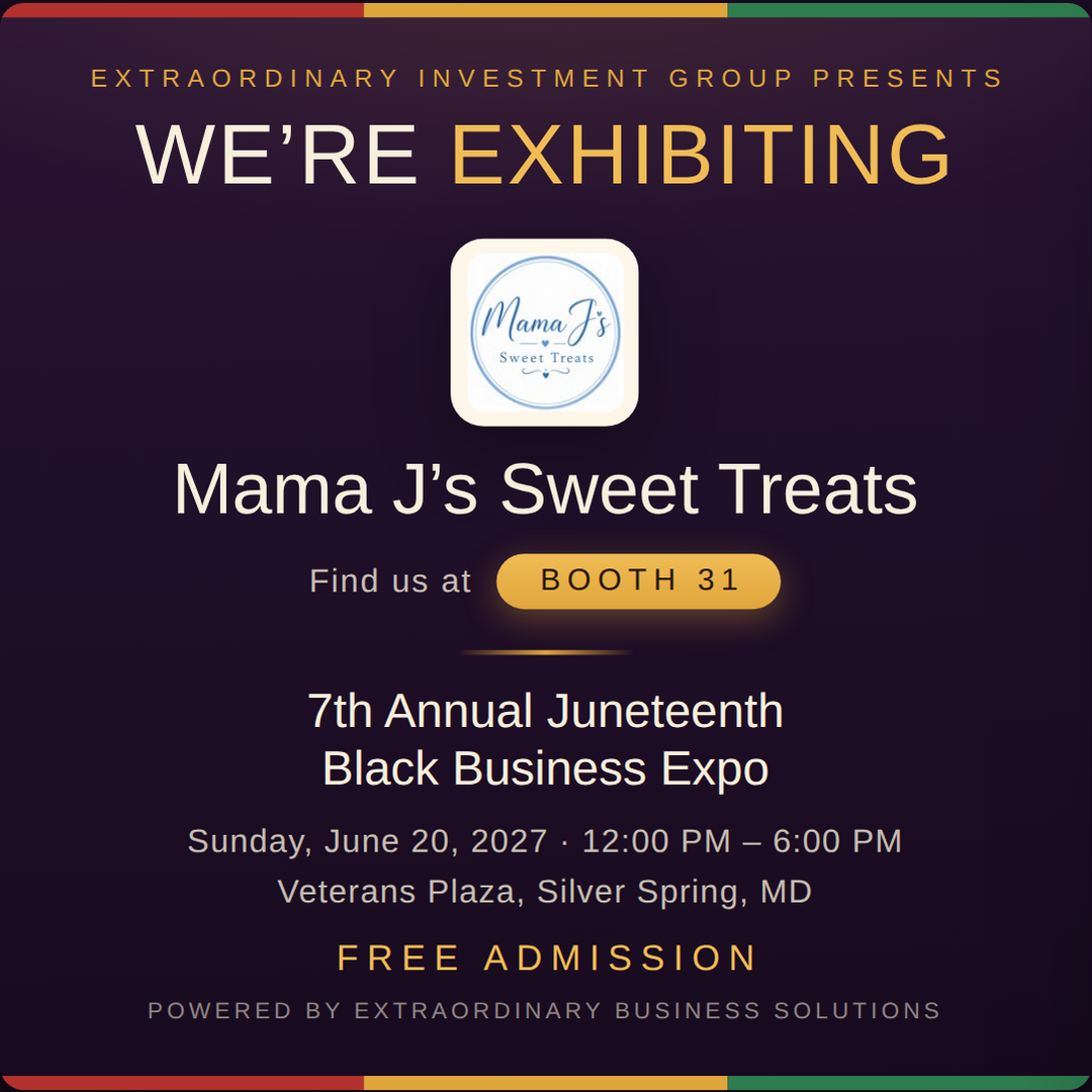 Square social post graphic announcing Mama J&rsquo;s Sweet Treats at Booth 31