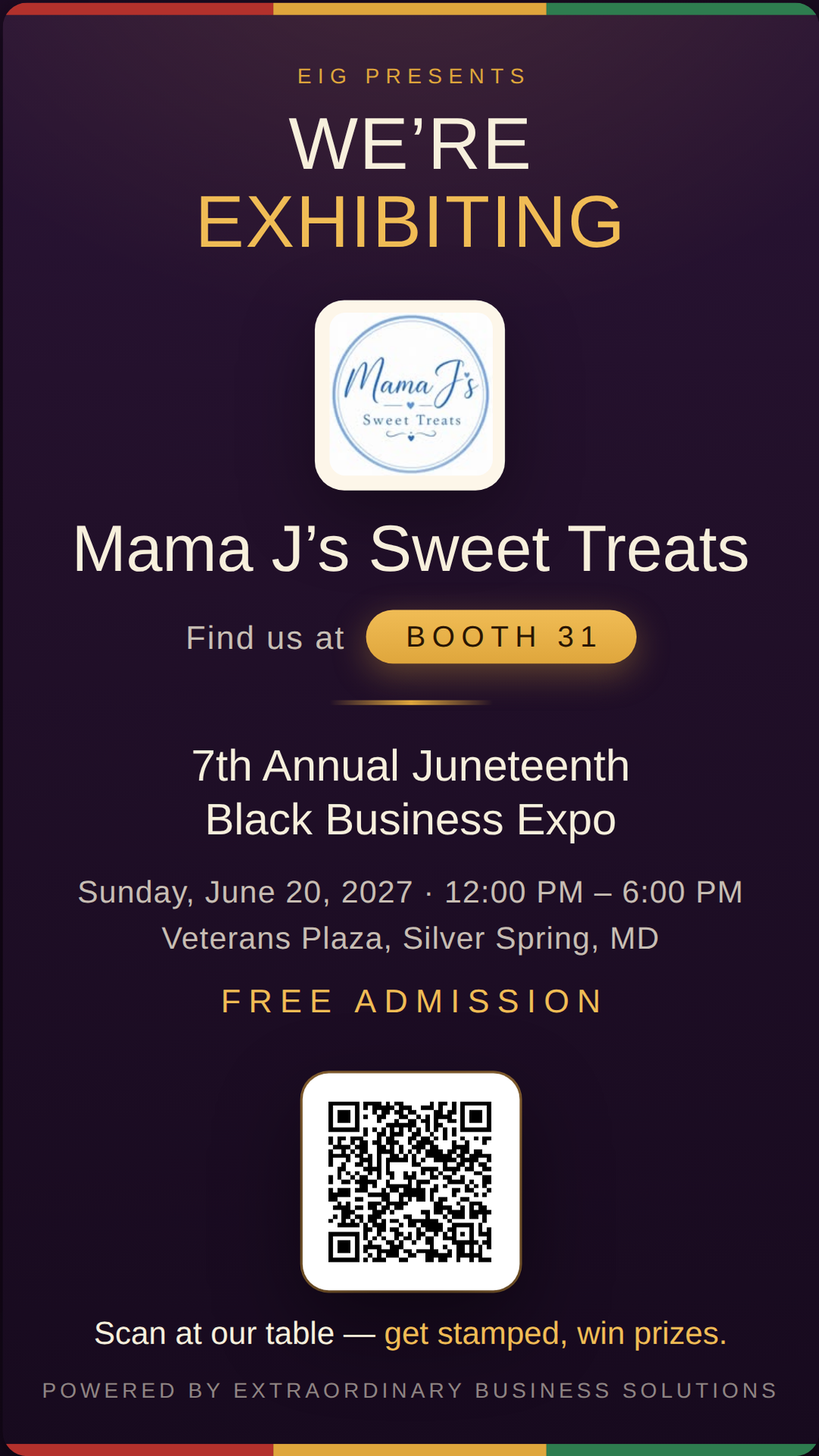Vertical story graphic announcing Mama J&rsquo;s Sweet Treats at Booth 31