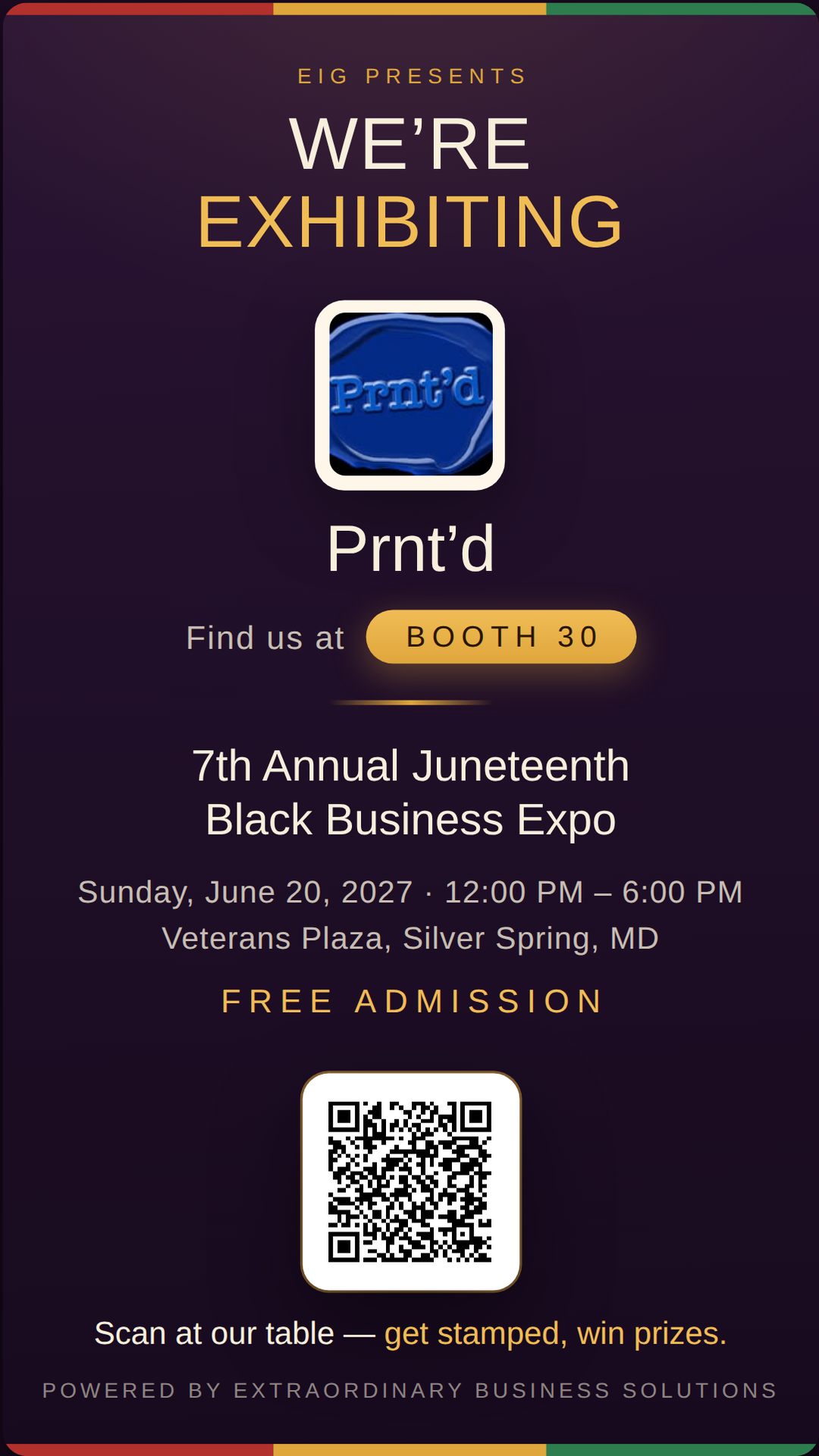 Vertical story graphic announcing Prnt&rsquo;d at Booth 30