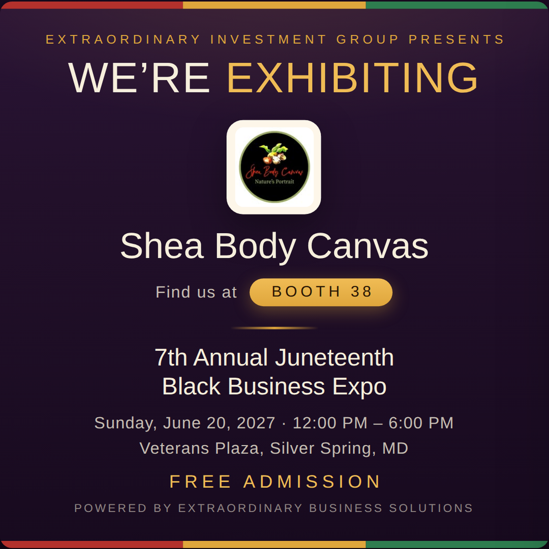 Square social post graphic announcing Shea Body Canvas at Booth 38