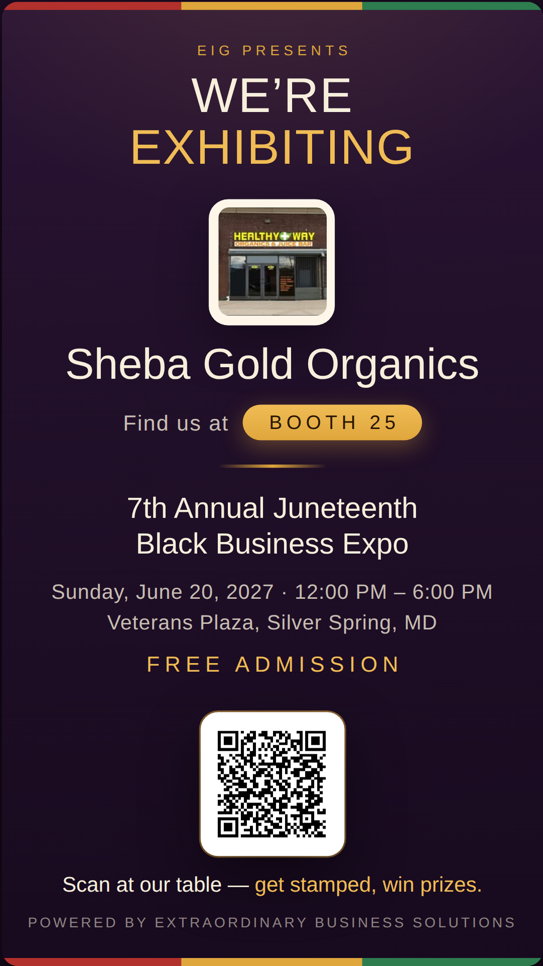 Vertical story graphic announcing Sheba Gold Organics at Booth 25