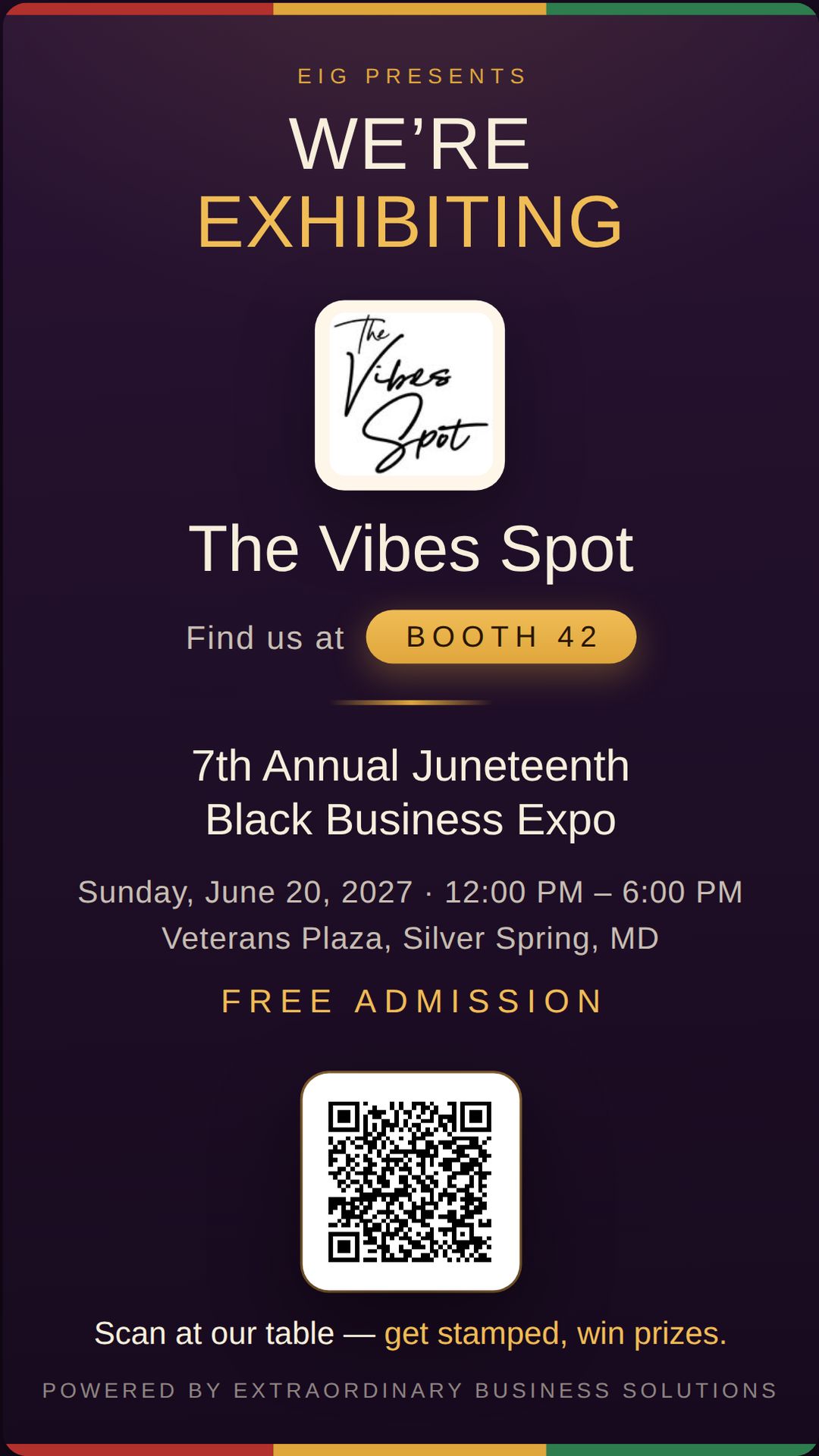 Vertical story graphic announcing The Vibes Spot at Booth 42