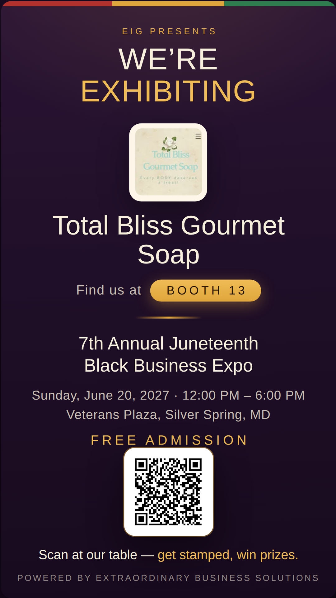 Vertical story graphic announcing Total Bliss Gourmet Soap at Booth 13