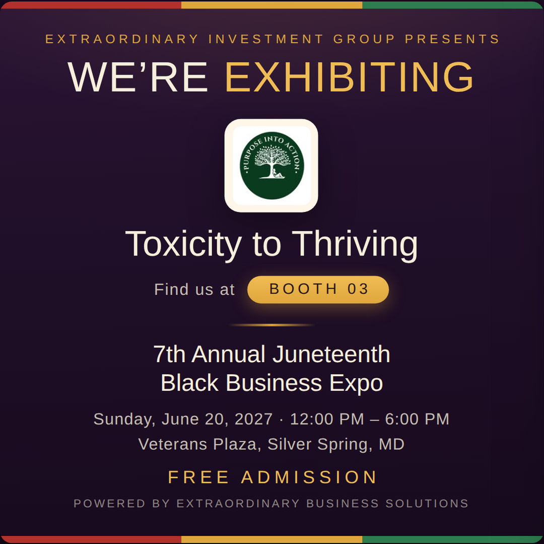 Square social post graphic announcing Toxicity to Thriving at Booth 03