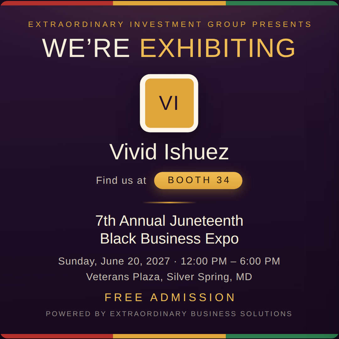 Square social post graphic announcing Vivid Ishuez at Booth 34